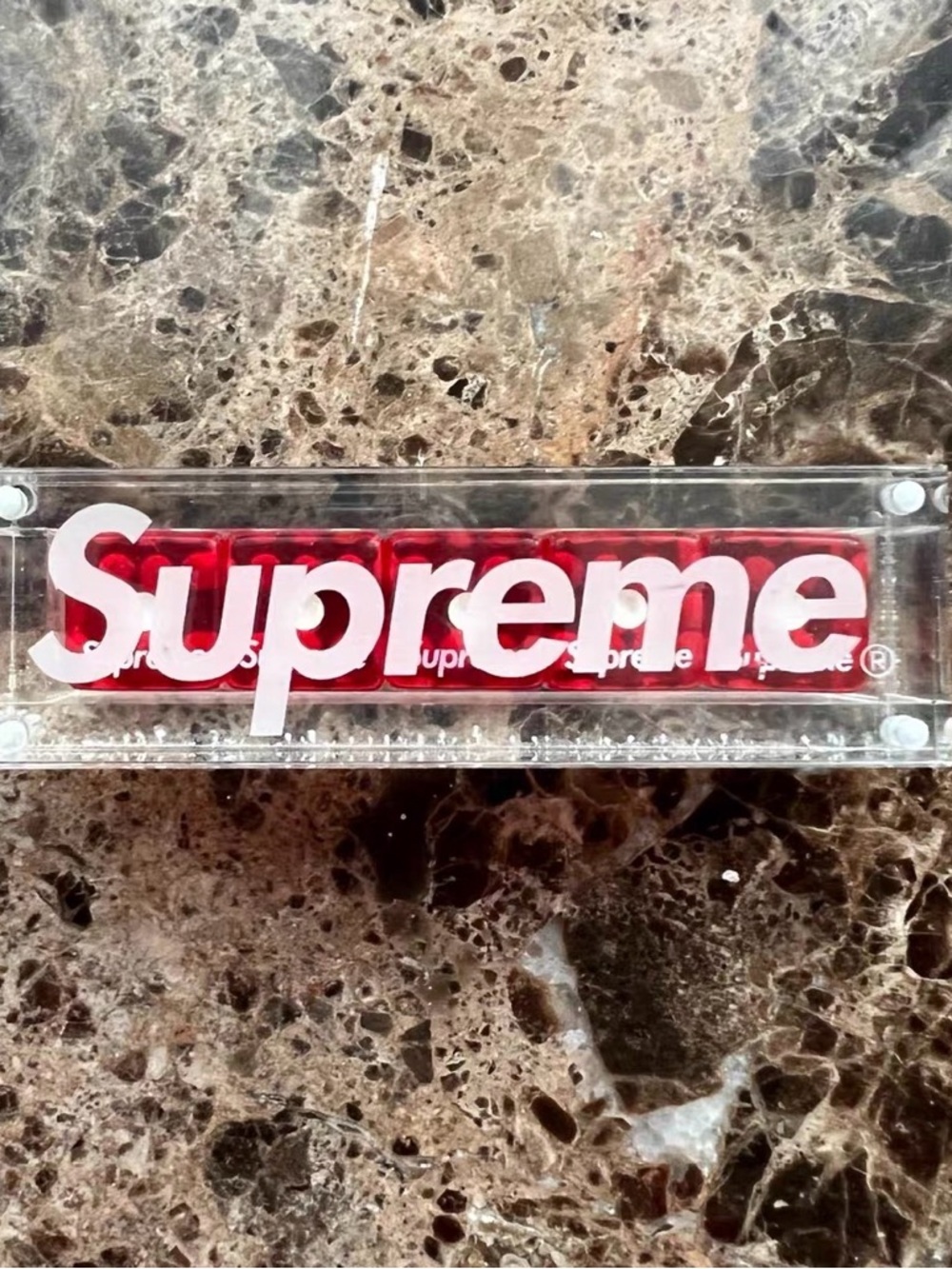 Supreme Clear Red Bubble Logo Display Plaque